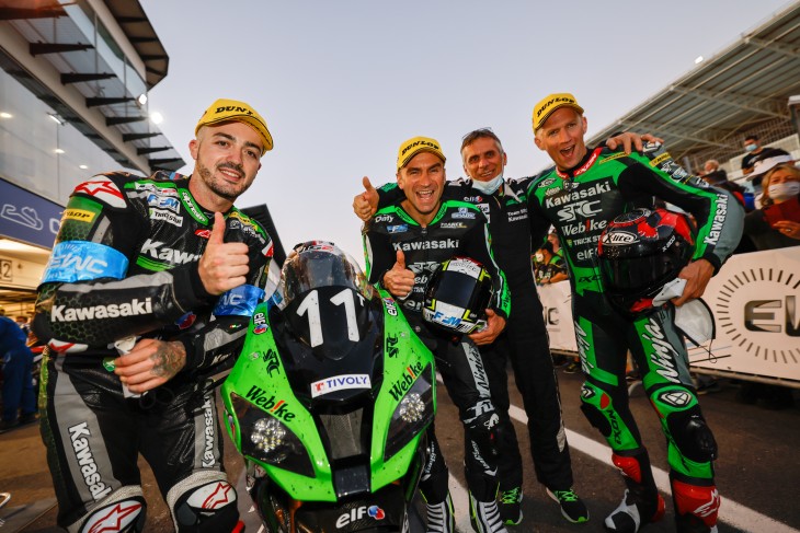 Ewc_12_H_Estoril_2021_Podium_Webike SRC Kawasaki France Trickstar, Erwan Nigon, Jeremy Guarnoni, David Checa, Kawasaki ZX10R, Formula EWC